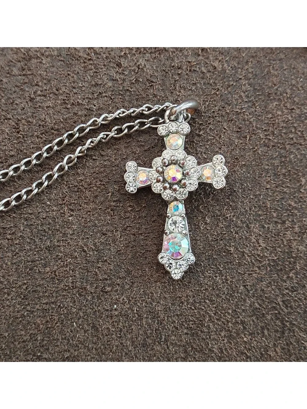 1990s Filigree With Aurora Borealis Rhinestones Silver Tone Cross Necklace